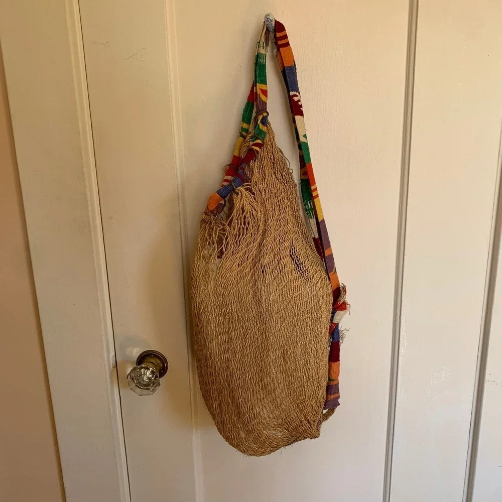 Vintage Hand Woven Sisal Net Backpack Bag Multicolor Woven Straps Boho